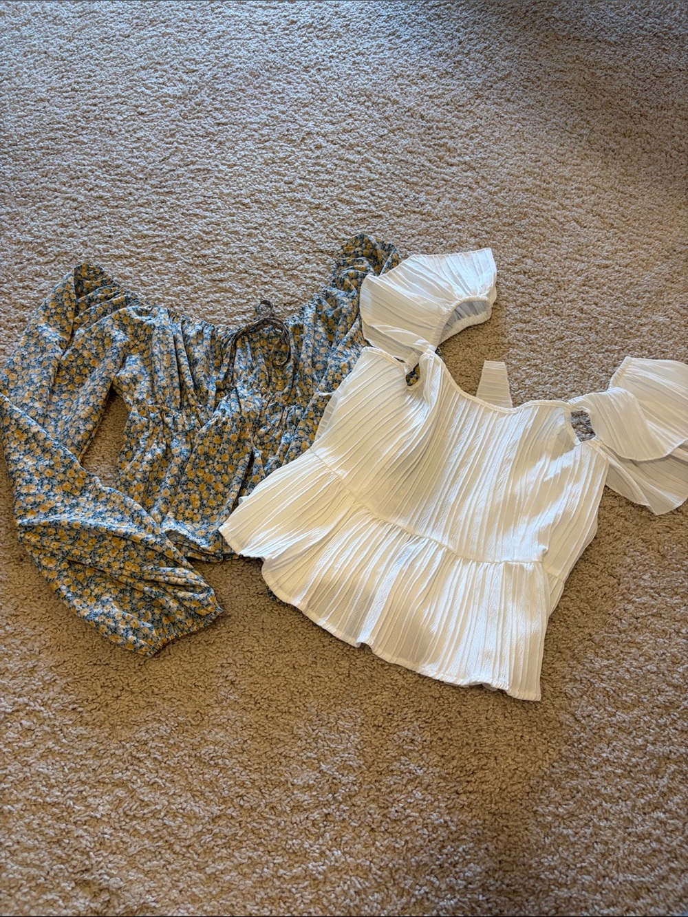 Two top bundle -White Ruffled Square-Neck Top & Blue Floral Long-Sleeve Crop Set